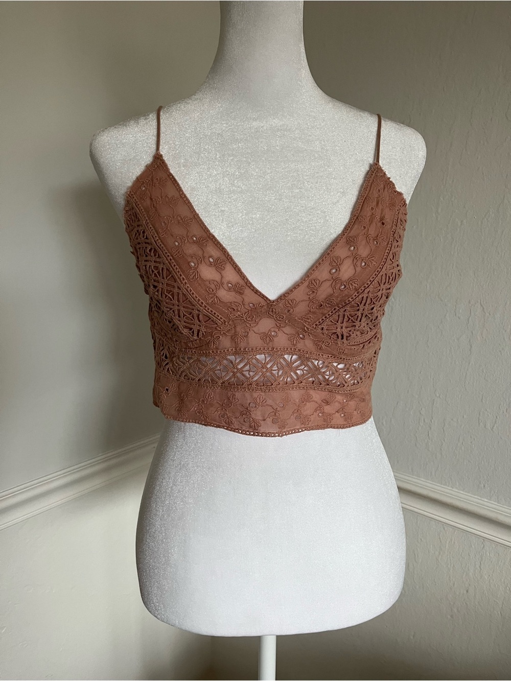 FP One Lace Crochet V-Neck Crop Cami Top - Peach/Light Brown color